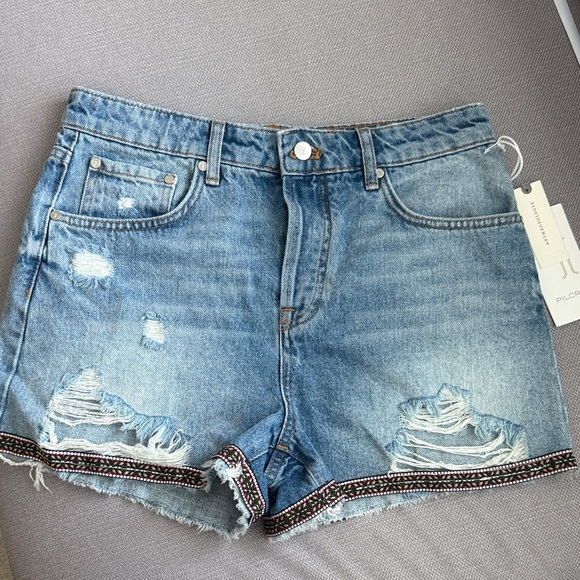 Anthropologie Pilcro Distressed Blue Jean Shorts with Embroidered Hem - Picture 4 of 13